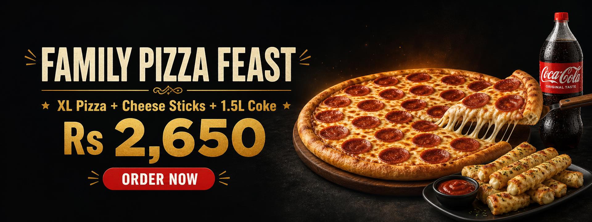 Family Pizza Feast — XL Pizza, Cheese Sticks and 1.5L Coke for Rs 2,650
