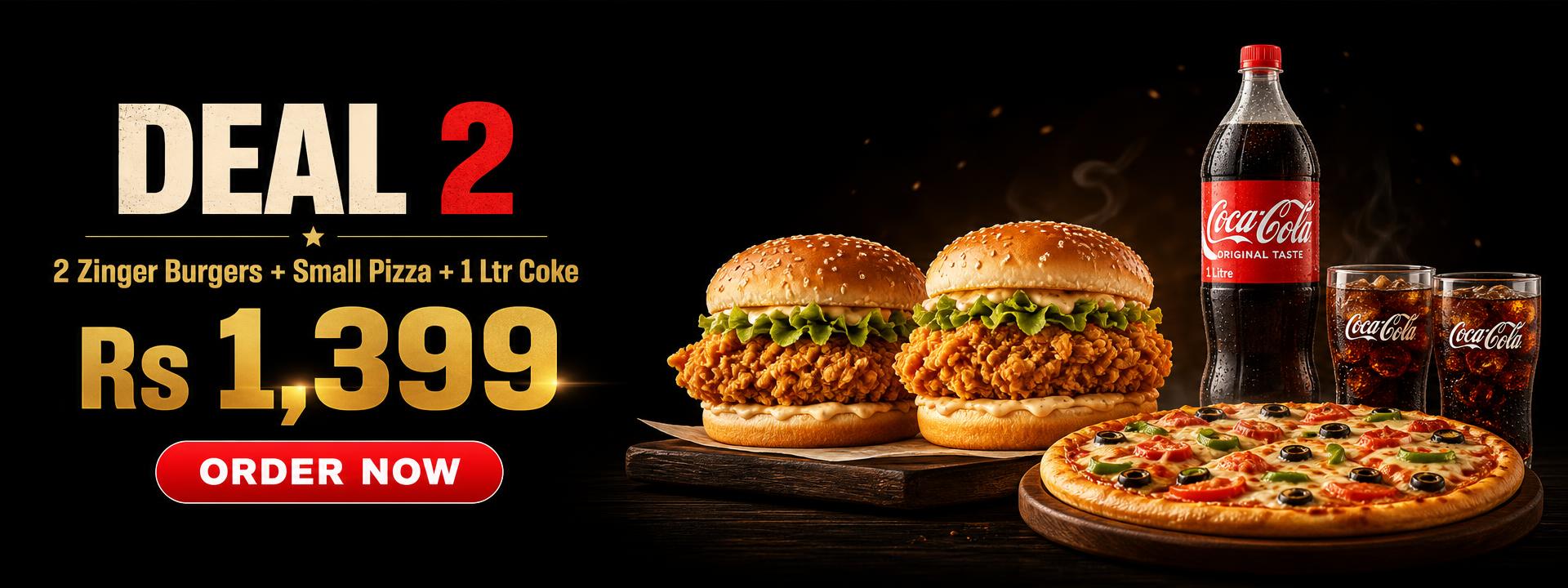 Deal 2 — 2 Zinger Burgers, Small Pizza and 1 Ltr Coke for Rs 1,399